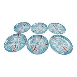 Set Of 6 Ikea Salad Plates With Floral Design Turquoise & Red Porcelain 8.5"